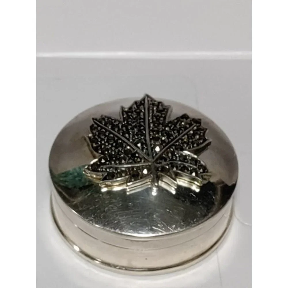 Vintage Sterling Silver Maple Marcasite Embossed Design Pewter Trinket Box Round - Picture 2 of 10
